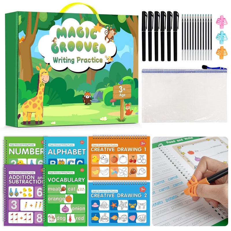 Hoarecal Magic Grooved Writing Practice Book for Kids Ages 3–8, 6 Reusable Handwriting Practice Books with 6 Pens, 12 Refills, 3 Soft Grips, Preschool Learning Activities Gifts for Boys and Girls - Image 1